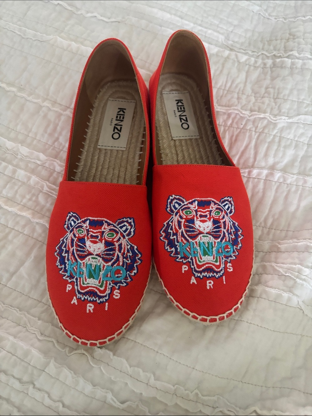 Kenzo Coral Red Tiger Embroidered Slip-On Espadrilles